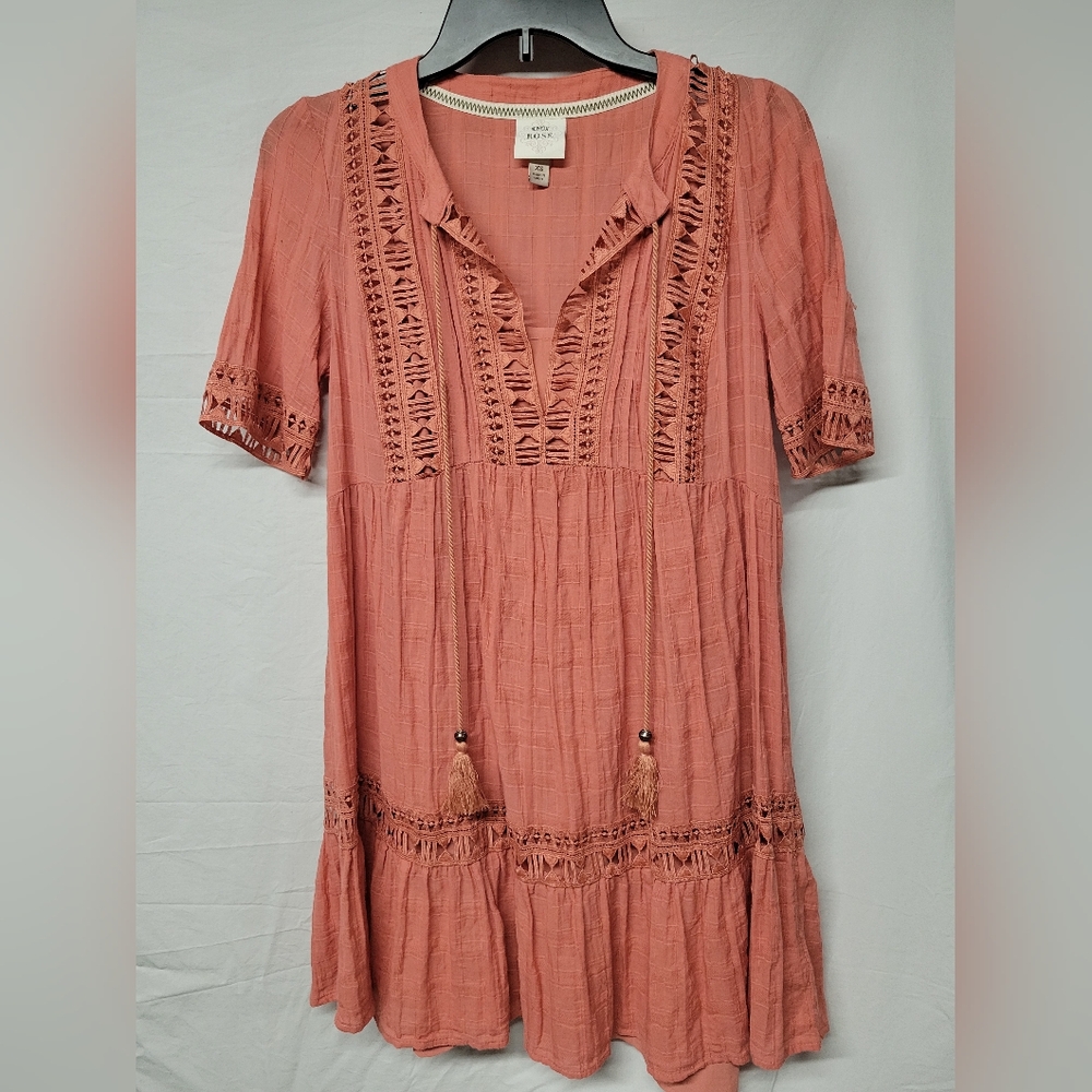 Knox Rose Womens Coral Pink Boho Peasant Dress W/ lining